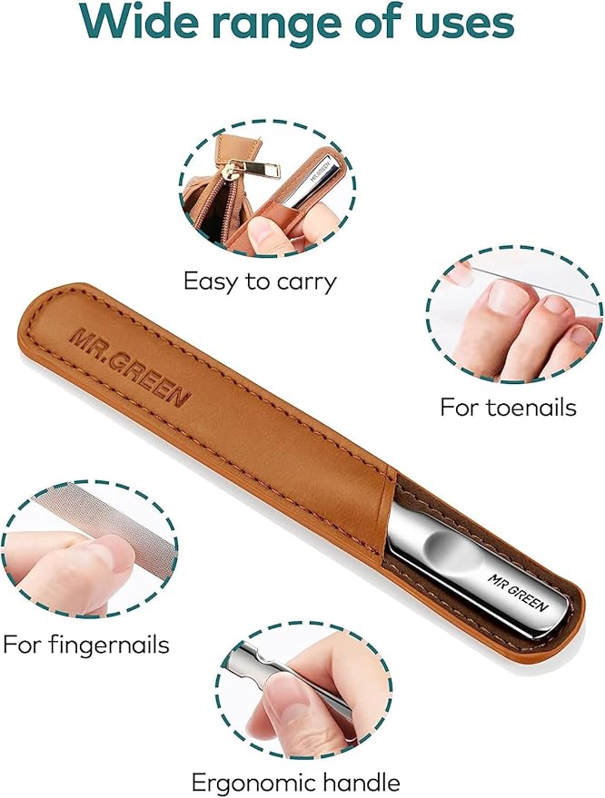Stainless Steel Nail File with Anti-Slip Handle and Leather Case, Double Sided and Files Nails Easily for Men and Woman