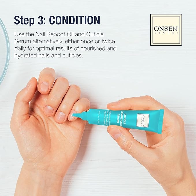 Onsen Secret Complete Nail Reboot Kit w/Nail Reboot Oil 10ml, Nail File 120/180 Grit Double Sided, A 3-Way Nail Buffer Block & Cuticle Serum-15ml w/Cuticle Oil in Action-Super Value Pack