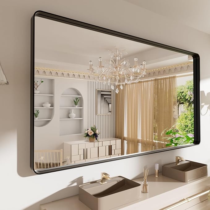 LOAAO 72X40 Inch Black Metal Framed Bathroom Mirror for Wall, Matte Black Bathroom Vanity Mirror Farmhouse, Large Rounded Rectangle Mirror, Anti-Rust, Tempered Glass, Hangs Horizontally or Vertically