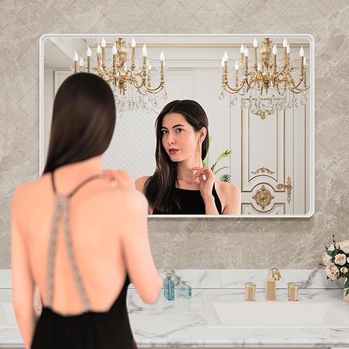 LOAAO 48x32 Inch White Metal Framed Bathroom Mirror for Wall, White Bathroom Vanity Mirror Farmhouse, Large Rounded Rectangle Mirror, Anti-Rust, Tempered Glass, Hangs Horizontally or Vertically