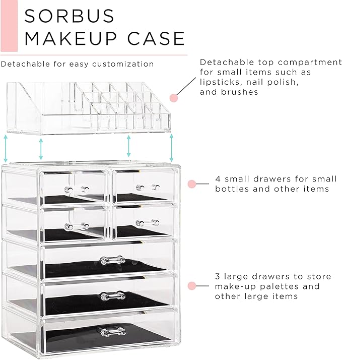 Sorbus Acrylic Makeup Organizer Set, 7-Drawer Vanity & Countertop Cosmetic Storage with Small & Wide Compartments, Clear Makeup Storage for Brushes, Lipsticks, Jewelry – Holiday Gift for Women & Teens