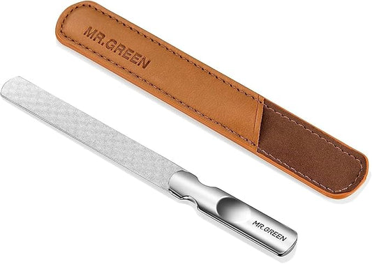 Stainless Steel Nail File with Anti-Slip Handle and Leather Case, Double Sided and Files Nails Easily for Men and Woman