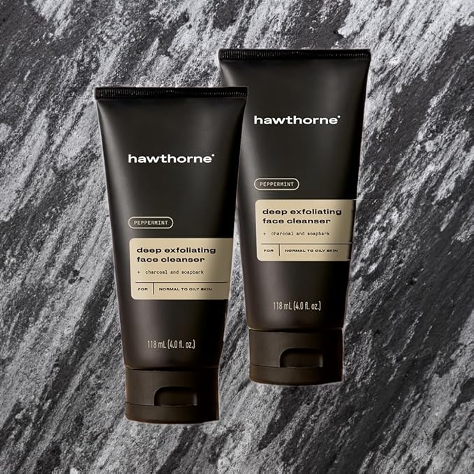 Hawthorne Men's Deep Exfoliating Charcoal Face Wash Cleanser For Normal to Oily Skin. Eliminate Dirt, Grease, and Grime. Natural Ingredients, Vegan, Sulfate Free. 2-Pack, 4 Fl. Oz. Each