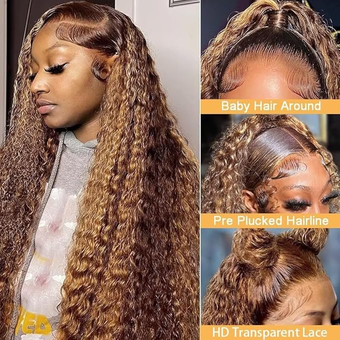 Highlight Ombre Lace Front Wigs Human Hair Honey Blonde Deep Wave 13x6 HD Transparent Lace Frontal Wigs Human Hair P4/27 Colored Curly Wig for Women 180% Density Glueless Pre Plucked 34 Inch Wig