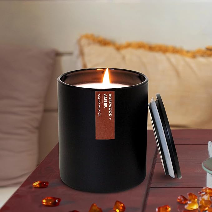 Calyan Wax Co. Rosewood & Amber Scented Candle - 75 Hour Burn - Luxury Non Toxic Soy Wax Candles - Long Lasting Black Tumbler Jar Candle for Home - 10.2oz