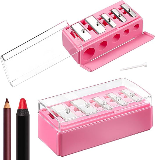 Honoson 2 Pcs 5 Hole Cosmetic Long Point Manual Pencil Sharpener with Plastic Lid Makeup Eyeliner Pencil Sharpener (Pink)