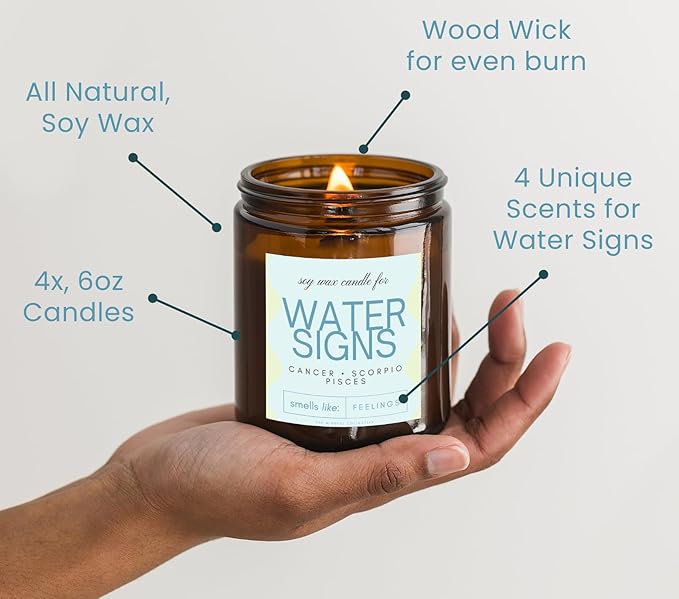 Pisces, Cancer, Scorpio Gifts for Women - 4Pack Wood Wick Candles, 6oz Small Candles Set for Women. Zodiac Astrology Birthday Spiritual Gifts, Natural Soy Wax