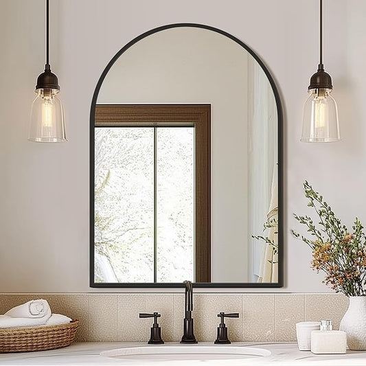FICTOR Bathroom Vanity Mirror for Wall,40”x30” Large Arched Metal Framed Bathroom Mirror for Over Sink,Entryway, Living Room & Bedroom(Black)