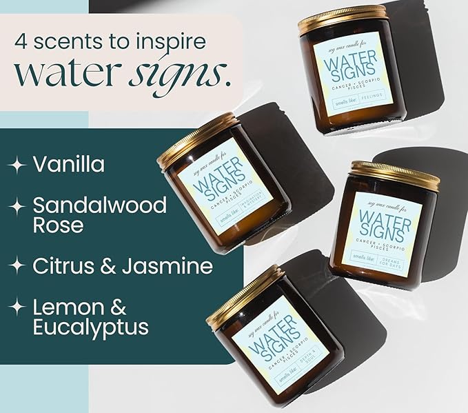 Pisces, Cancer, Scorpio Gifts for Women - 4Pack Wood Wick Candles, 6oz Small Candles Set for Women. Zodiac Astrology Birthday Spiritual Gifts, Natural Soy Wax