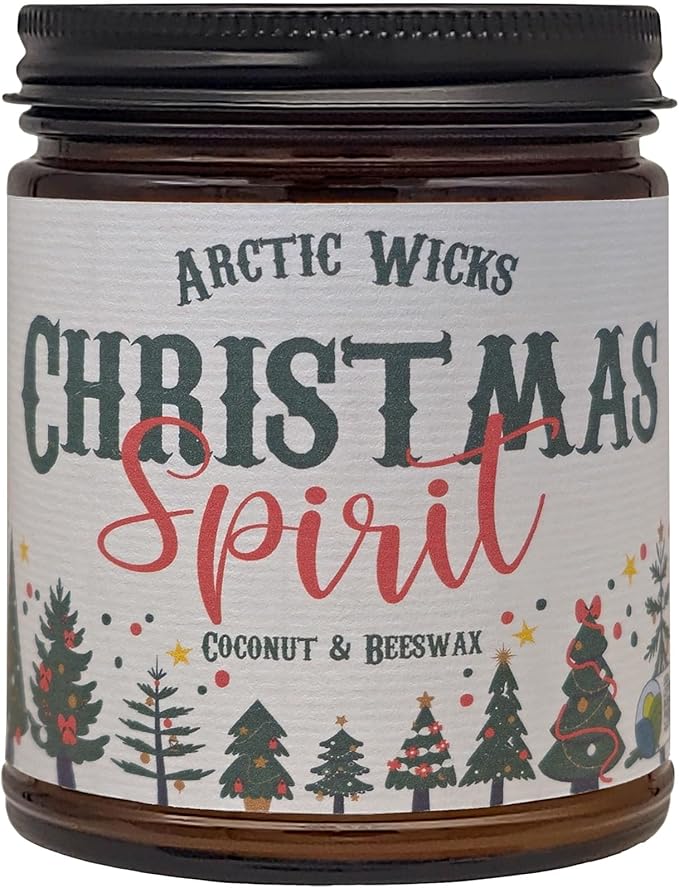 Arctic Wicks Scented Coconut Beeswax Candles | Coconut Beeswax Non Toxic Candle 9oz Amber | Farmhouse Candles Non-Toxic Clean Burn 100% USDA Certified Biobased (Christmas Spirit)