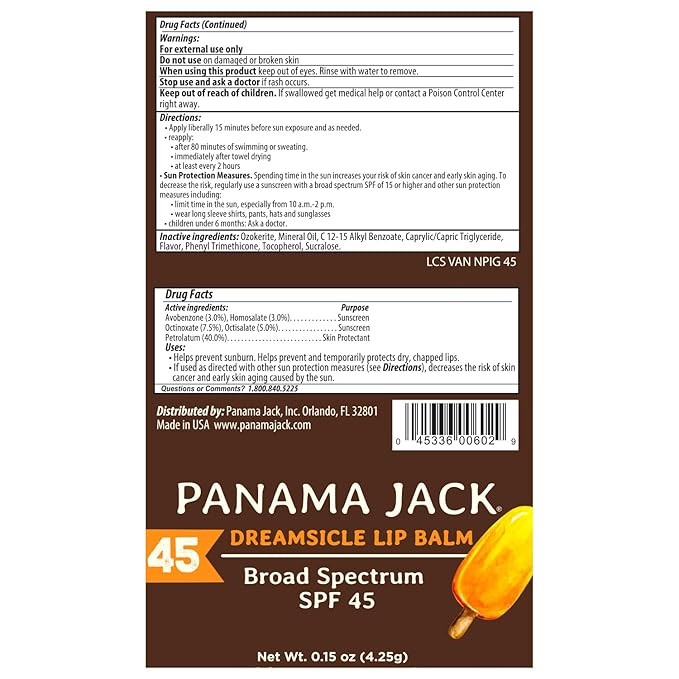 Panama Jack Sunscreen Lip Balm - SPF 45, Broad Spectrum UVA-UVB Sunscreen Protection, Prevents & Soothes Dry, Chapped Lips, Dreamsicle, Pack of 2