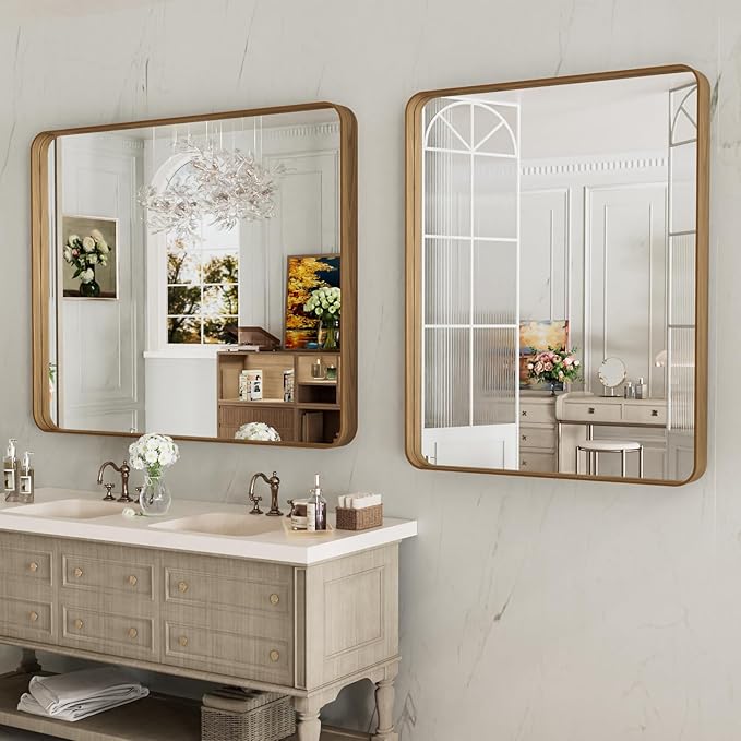 LOAAO 40X32 Inch Bathroom Mirror with Wood Grain Colored Metal Frame, Rounded Rectangle Metal Framed Bathroom Mirror, Anti-Rust, Hangs Horizontally or Vertically, Tempered Glass