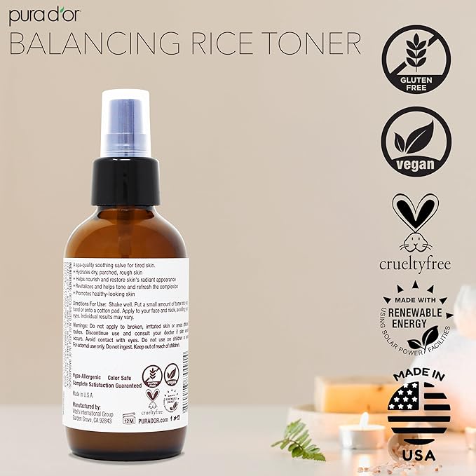 PURA D'OR 3.38 Oz Rice Water Balancing Facial Toner - Hydrating & Soothing Formula with Natural Extracts - Skin Texture Support for Radiant Skin - Alcohol-Free - Travel Size