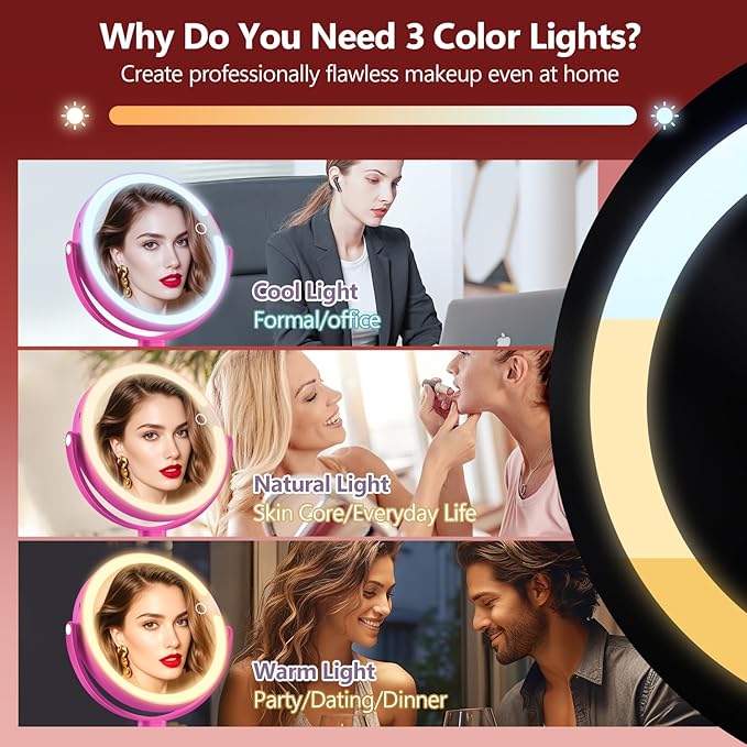 MIYADIVA Makeup Mirror with Lights, 20X Magnifying Mirror with Light and Touch Switch, 2-Sided Vanity Mirror with 3 Color and 80 LEDs, Hot Pink