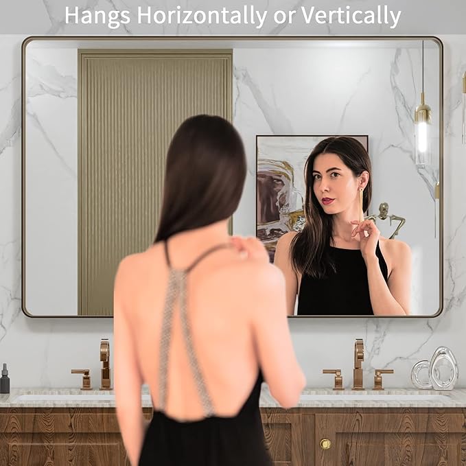LOAAO 48”X32” Bronze Bathroom Mirrors for Vanity, Rounded Rectangle Brushed Bronze Metal Frame Mirror, Anti-Rust, Tempered Glass, Hangs Horizontally or Vertically