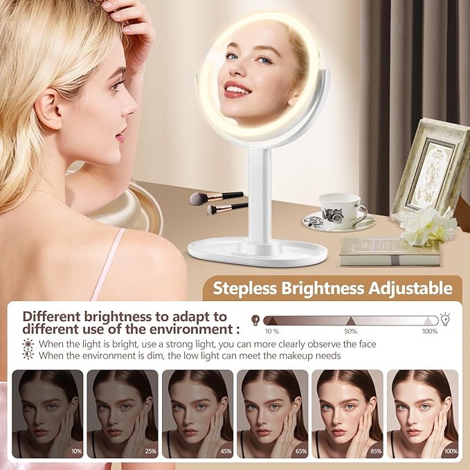 MIYADIVA Makeup Mirror with Lights, 30X Magnifying Mirror with 2-Sided Switch, Vanity Mirror with 3 Colors and Adjustable Brightness, 80 LEDs, Ideal Gift for Daily Makeup and Skincare, 8.8 Inches