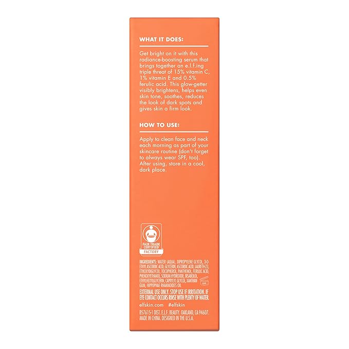 e.l.f. SKIN Bright Icon Vitamin C + E + Ferulic Serum, Brightening & Soothing Face Serum, Helps Even Skin Tone, Vegan & Cruelty-Free, 1 fl oz