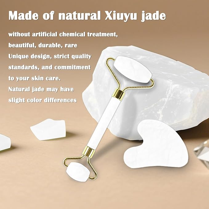 Natural Jade Roller & Gua Sha Set for Face, Facial Massager Tool for Skin Tightening, Anti-Aging, Puffiness Relief, Lymphatic Drainage - Spa Skincare Gift Set for Women (White)