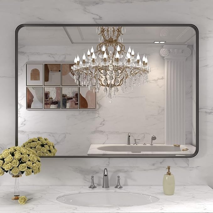 LOAAO 40X32 Inch Black Metal Framed Bathroom Mirror for Wall, Matte Black Bathroom Vanity Mirror Farmhouse, Large Rounded Rectangle Mirror, Anti-Rust, Tempered Glass, Hangs Horizontally or Vertically