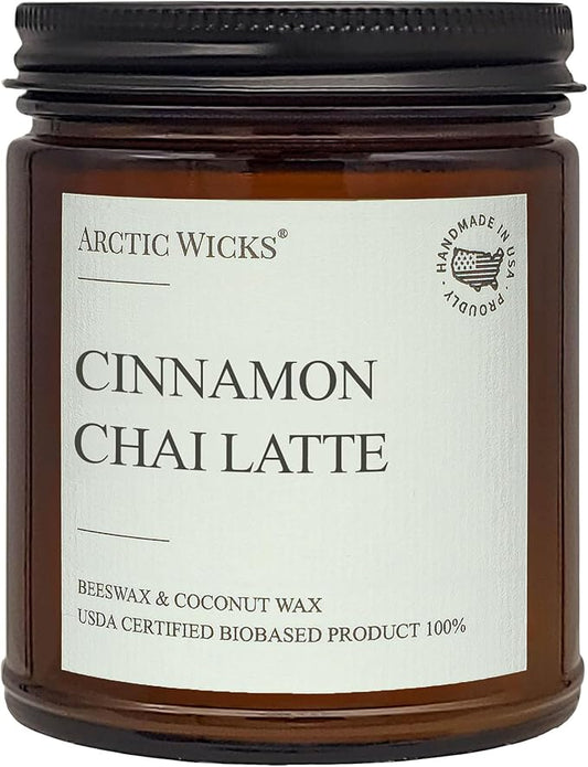 Arctic Wicks Scented Coconut Beeswax Candles | Coconut Beeswax Non Toxic Candle 9oz Amber | Farmhouse Candles Non-Toxic Clean Burn 100% USDA Certified Biobased (Cinnamon Chai Latte)