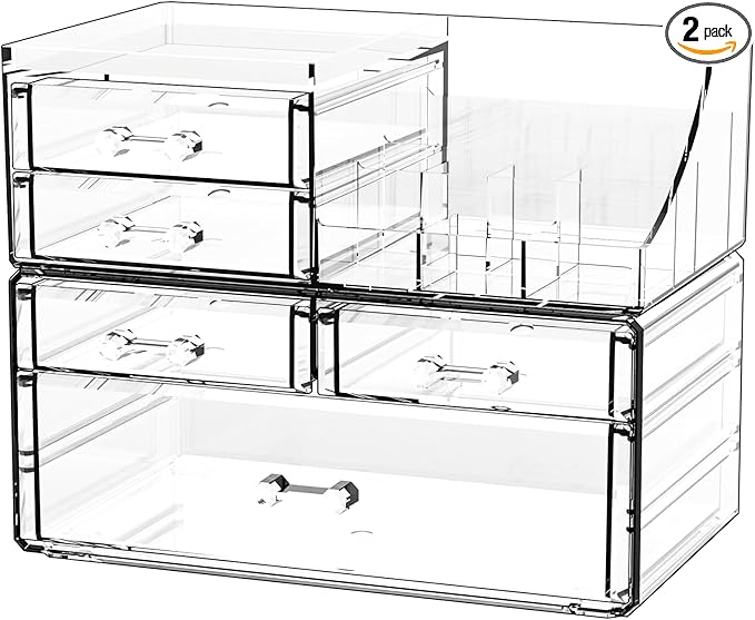 Cq acrylic Clear Make up Organizers for Vanity,Skincare Organizer With 5 Drawers for Dresser,Plastic Cute Desk Accessories Organization and Bathroom Organizers Storage Case Box for Beauty,Skin Care