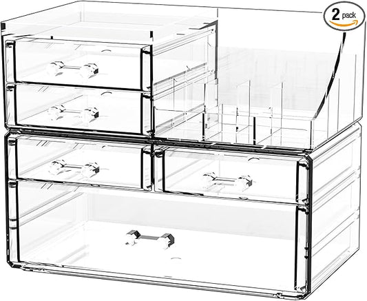 Cq acrylic Clear Make up Organizers for Vanity,Skincare Organizer With 5 Drawers for Dresser,Plastic Cute Desk Accessories Organization and Bathroom Organizers Storage Case Box for Beauty,Skin Care