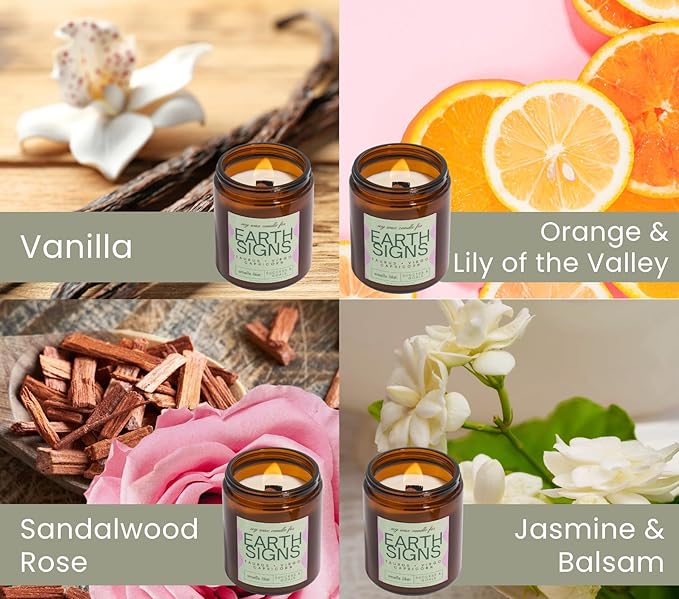 Taurus, Virgo, Capricorn Gifts for Women - Wood Wick Candles, 4 Pack Small Scented Candles Set for Women. 6oz Natural Soy Wax, Aromatherapy Set for Home. Zodiac Astrology Birthday Spiritual Gifts