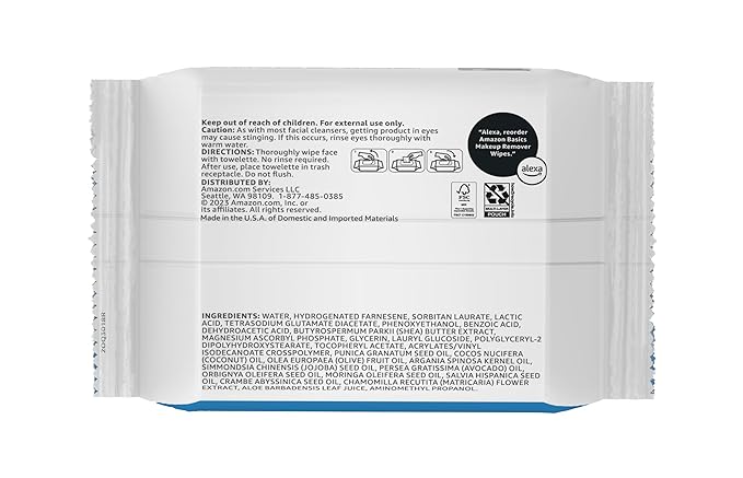 Amazon Basics Makeup Remover Wipes, Fragrance and Alcohol-Free, Gentle Cleansing, Removes Waterproof Mascara, Dermatologist Tested, 25 Count, Pack of 6