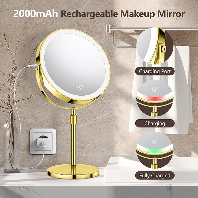 10X Large Rechargeable Height Adjustable Vanity Mirror, 1x/10x Magnifying Mirror with 3 Color, Brightness Adjustable, 360 Rotation Double Sided, Ideal Gift (Gold)