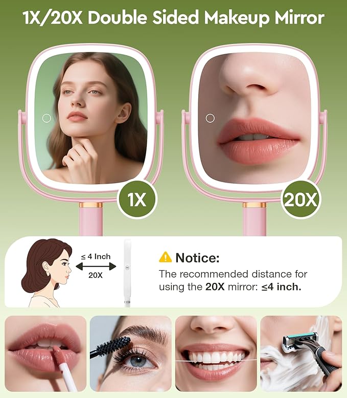 Height Adjustable Lighted Makeup Mirror with Lights and Magnification, 1X 20X Magnifying Mirror with Light 4000mAh Rechargeable, Tray Base and Phone Stand for Desk, Gifts for Women (Pink)