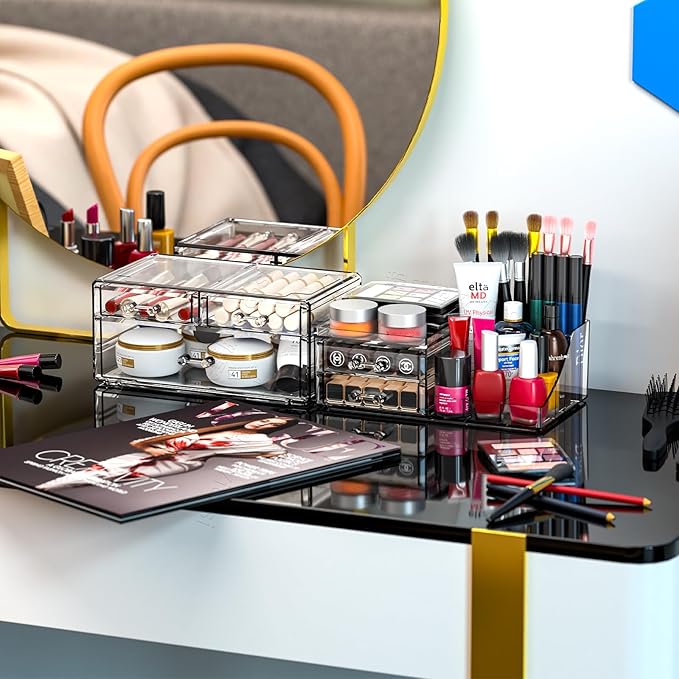 Cq acrylic Clear Make up Organizers for Vanity,Skincare Organizer With 5 Drawers for Dresser,Plastic Cute Desk Accessories Organization and Bathroom Organizers Storage Case Box for Beauty,Skin Care