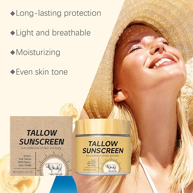 Beef Tallow Sunscreen SPF 30 | Mineral Sunscreen with Grass-Fed Tallow & Non-Nano Zinc Oxide | Non-Greasy for Face & Body, for Sensitive Skin | Reef-Safe & Natural