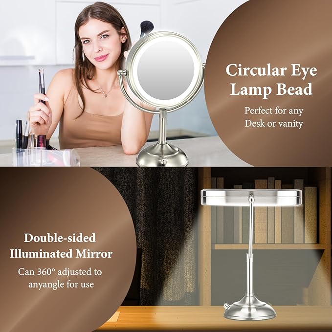 Professional 8.5" Large Lighted Makeup Mirror with Brighter Lights, 1X/10X True HD Magnifying Mirror with 3 Color Dimmable Lights, 90 Shadowless LEDs, 360°Swivel Seamless Vanity Mirror, Pearl Nickel