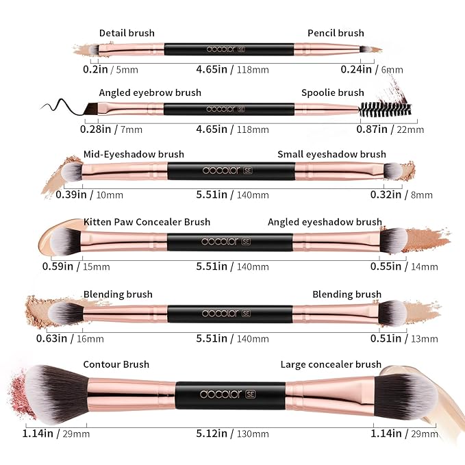 Docolor Double Sided Makeup Brushes, 6Pcs Double Ended Eyeshadow Brush Set Professional Eye Makeup Brushes Set Foundation Eyeshadow Blending Eyebrow Travel Make Up Brushes Kits
