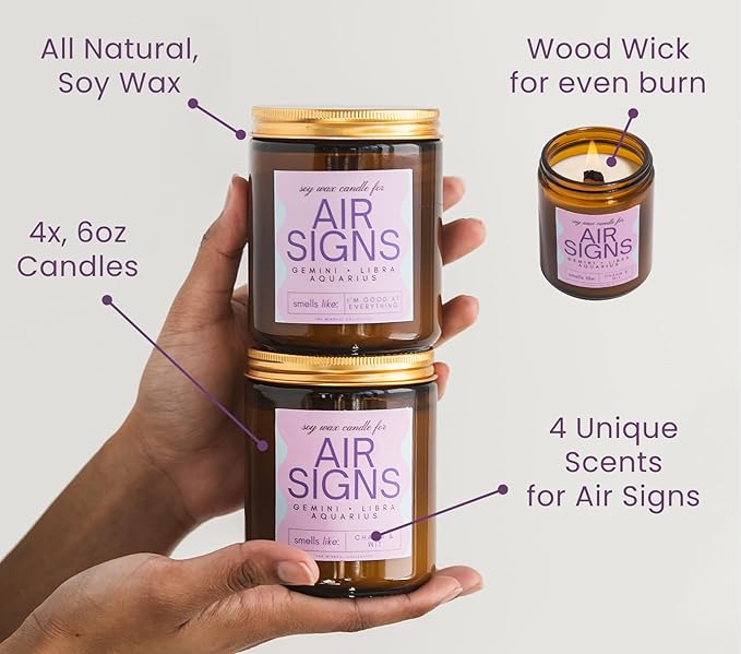 Aquarius, Gemini, Libra Gifts for Women - Wood Wick Candles, 4 Pack Small Candles Set for Women. 6oz Natural Soy Wax, Scented Aromatherapy Set for Home. Zodiac Astrology Birthday Spiritual Gifts