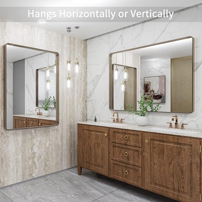 LOAAO 40”X32” Bronze Bathroom Mirrors for Vanity, Rounded Rectangle Brushed Bronze Metal Frame Mirror, Anti-Rust, Tempered Glass, Hangs Horizontally or Vertically