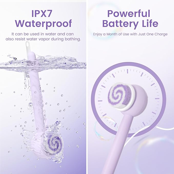 Electric Back Scrubber for Shower Body Brush, Waterproof Shower Body Scrubber for Cleansing, Massaging, Rechargeable Spinning Bath Brush for Kids with 2 Heads & 3 Speed Modes, Taro Purple XY0