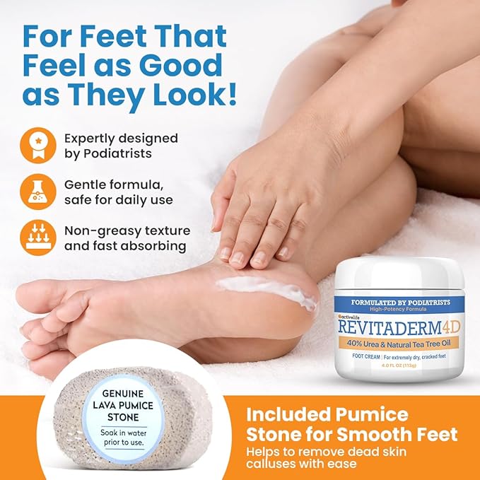 Revitaderm 4D Urea Cream 40% for Feet, Intensive Moisturizing Foot Cream for Dry, Rough, Callused Skin, Includes Free Pumice Stone and Exfoliating Brush, Fast-Absorbing, Fragrance-Free, 4oz, 3 Pack