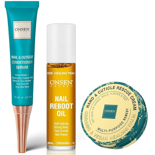 Onsen Nail & Cuticle Rescue Kit – Conditioner Serum, Repair Oil & Cuticle Balm – Tsubaki, Shea Butter, Jojoba – Strengthens Nails, Softens Cuticles, Hydrates Skin (15ml Serum + 10ml Oil + 26ml Cream)