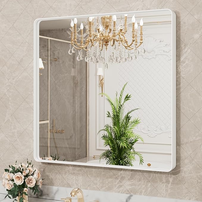 LOAAO 38x38 Inch White Metal Framed Bathroom Mirror for Wall, White Bathroom Vanity Mirror Farmhouse, Large Rounded Rectangle Mirror, Anti-Rust, Tempered Glass, Hangs Horizontally or Vertically
