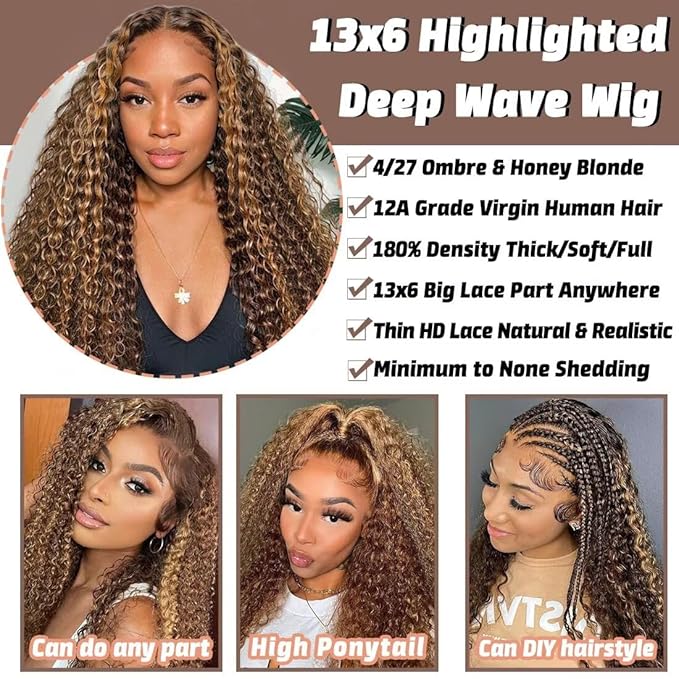 Highlight Ombre Lace Front Wigs Human Hair Honey Blonde Deep Wave 13x6 HD Transparent Lace Frontal Wigs Human Hair P4/27 Colored Curly Wig for Women 180% Density Glueless Pre Plucked 20 Inch Wig