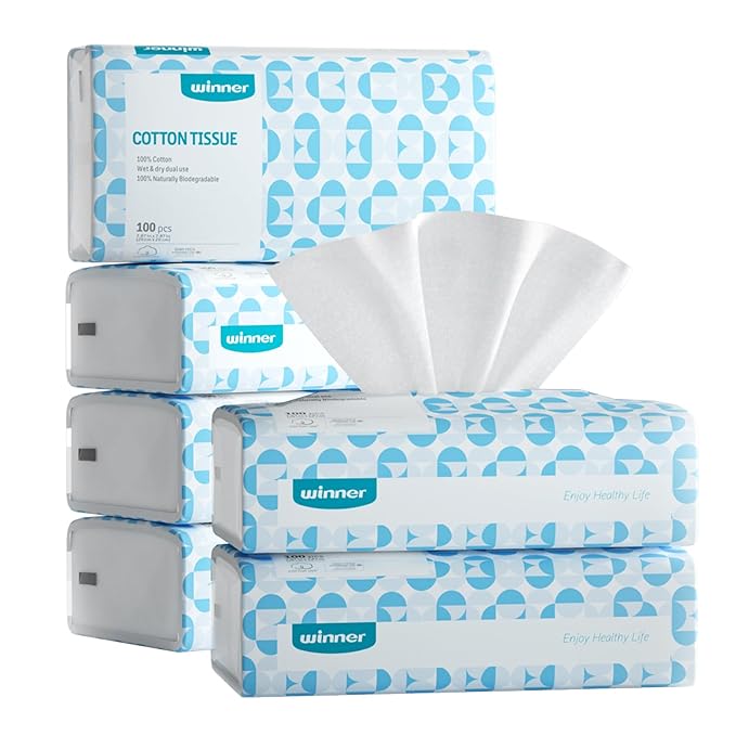 Winner Soft Face Towels, 100% USDA Biobased Facial Towels, Unscented Cotton Tissues for Sensitive Skin, OEKO-TEX Certified Face Towelettes Disposable, Makeup Remover Dry Wipes, 600 Ct, Pack of 6
