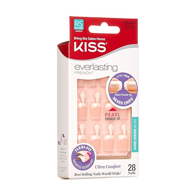 Kiss Everlasting French Nail Manicure, Chip-Free, Flexi-Fit Technology, Real Short, "String of Pearls", Nail Kit with Pink Nail Glue (Net Wt. 2g / 0.07oz), Mini File, Manicure Stick, and 28 Fake Nails