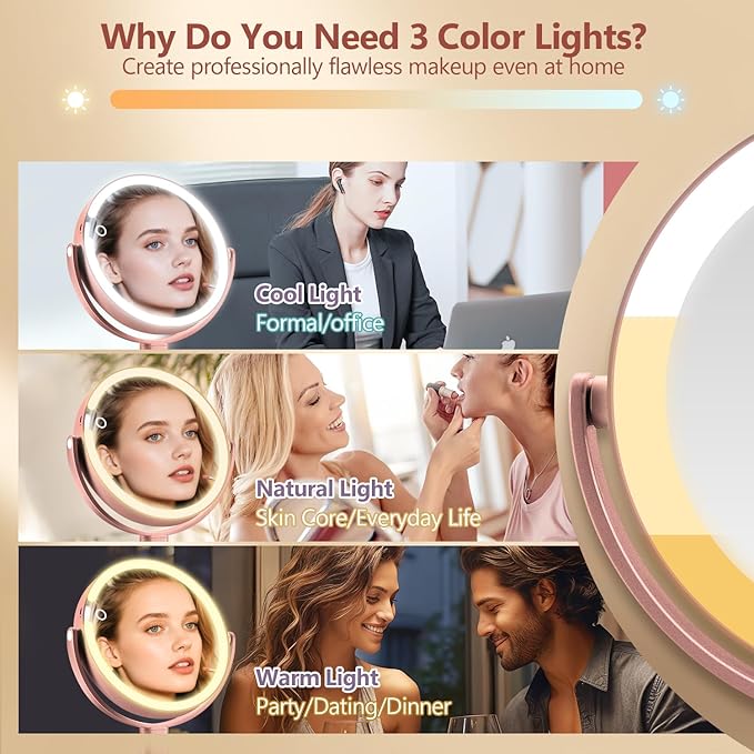 MIYADIVA Makeup Mirror with Lights,20X Magnifying Mirror with Light and Touch Switch, 2-Sided Vanity Mirror with 3 Colors and 80 LEDs, Metallic Rose Gold