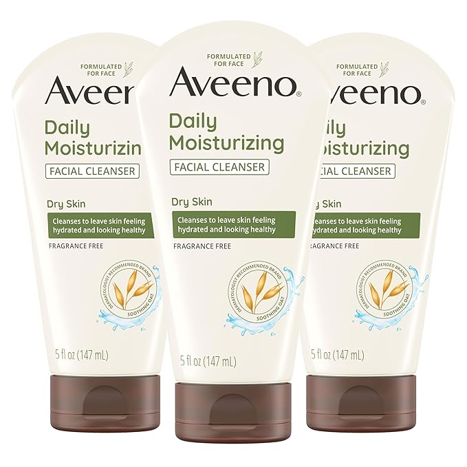 Aveeno Daily Moisturizing Facial Cleanser for Dry Skin, Hydrating Acne Face Wash with Soothing Oat for soft & Supple Skin, Free of Parabens, Sulfates, Fragrance, Dyes & Soaps, 5 fl. oz, 3 Pack