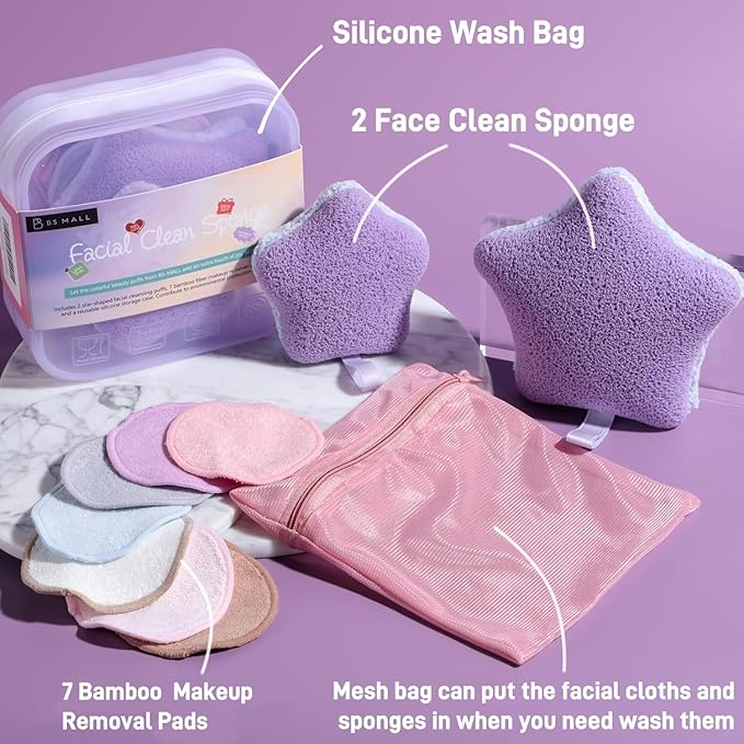BS-MALL Gentle Facial Sponge -10 Pcs Set Face Clean Sponges Reusable Makeup Removal Pads Clean Deep Down Dirt & Makeup Using Only Water, Gentle Exfoliator Cleansing Puff,with Silicone Travel Bag