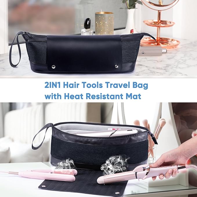 2IN1 Hair Tools Travel Bag with Removable Heat Resistant Mat Curling Iron Travel Case, Hair Dryer Organizer for Flat Irons, Straighteners and Haircare Accessories, Hot Tools Travel Bag Hair