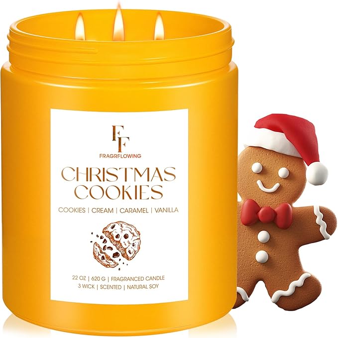 Large Christmas Candle Christmas Cookies Scented, 3-Wick 22oz Long Lasting Scented Candle, Natural Soy Wax Aromatherapy Candle for Home, Holiday Candle Gifts for Women Men