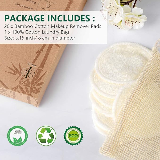 20 Packs Organic Reusable Makeup Remover Pads, Washable Bamboo Cotton Rounds for All Skin Types with Cotton Laundry Bag