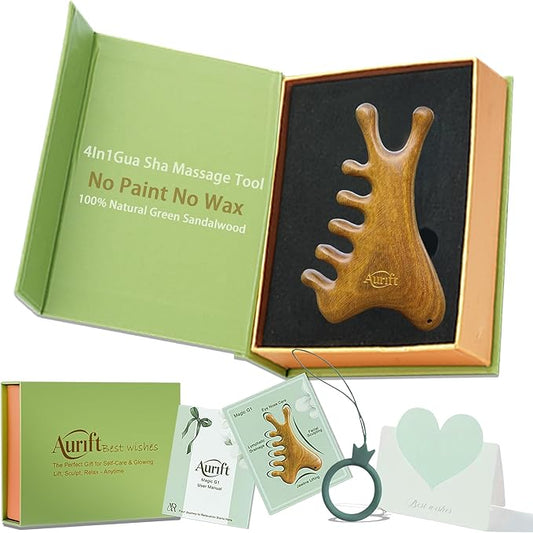 4-in-1 Gua Sha Tool for Face & Body, Natural Green Sandalwood – Lymphatic Drainage, Jaw Lifting & Nose Sculpting, Head Massage Comb for Stress Relief, Home Office Self Care Gifts for Mom Girl Friend